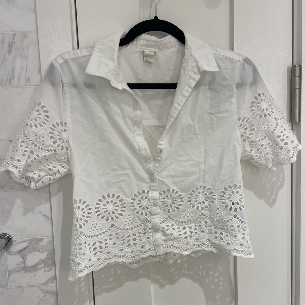 White eyelet button up crop top